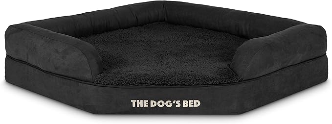 The Dog’s Bed Orthopedic Memory Foam Corner Dog Bed, Calming Surface – CertiPUR-Certified Foam, Plush Fabric, Black Plush, Large