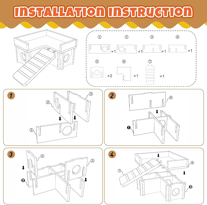 Hamster Cage Accessories & Habitat Set, Wooden 3 Room Maze House, Adjustable Silent Wheel, Water Bottle Set, Log Tunnel Tube & Chew Toys, 19 Pcs Complete Kit for Dwarf Hamster Gerbil Mouse