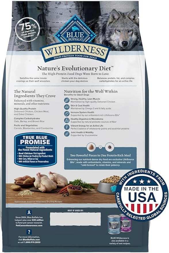Blue Buffalo Wilderness Natural High-Protein Dry Food for Adult Dogs, Chicken Recipe, 24-lb. Bag