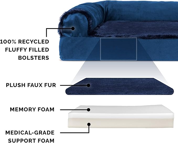 Furhaven Plush & Velvet L-Shaped Chaise Memory Foam Dog Bed - Deep Sapphire, Small