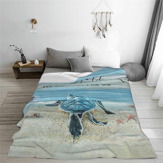 Beach Turtle Blanket Sea Turtle Decor Throw Blanket Be Still and Know That I Am God Christian Blanket Gifts for Men Women Warm Soft Plush Fleece Flannel Blanket Bedding Blanket for Kids Adults 80"X60"