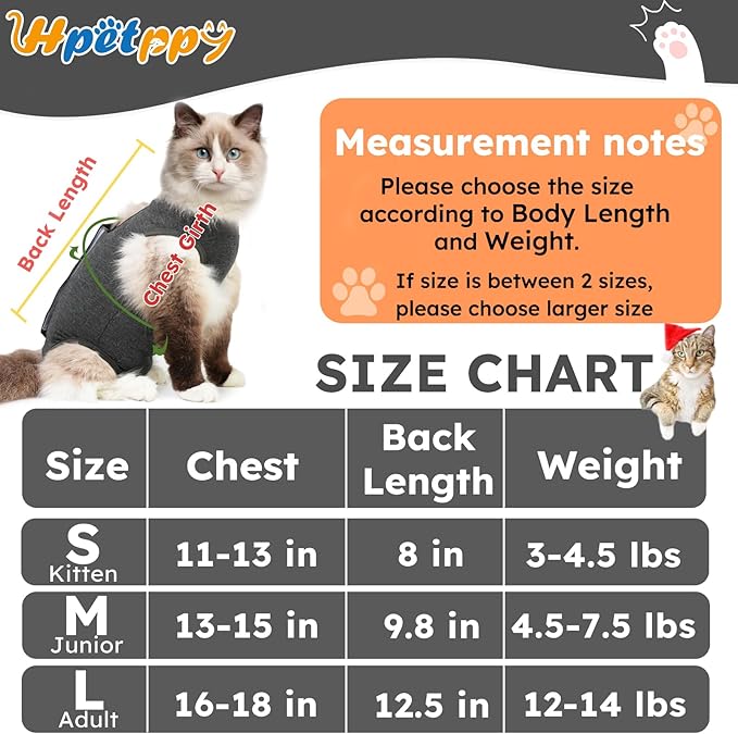 Hpetppy Cat Recovery Suit for Spay Abdominal Wounds, Kitten Onesie Bodysuit for Cats After Surgery, Cat Surgery Recovery Suit Female Cone of Shame Alternative for Cats Anti Licking (Dark Grey,S)