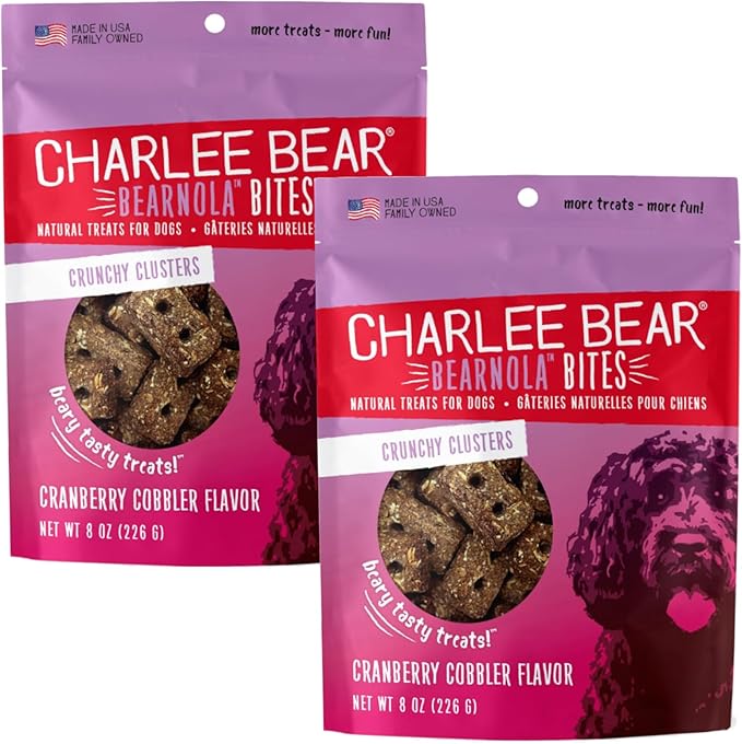 Charlee Bear Crunchy Dog Treats, Bearnola Bites Cranberry Cobbler, Puppy Training Treats, Vegan Dog Snacks, 8 oz Bags (2), Made USA
