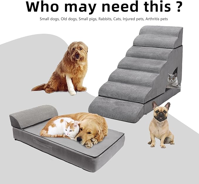 7-Step Dog Stairs for High Beds 30-36 inches, Dog Steps for High Bed Couch, Tall pet Stairs for high beds for Small, Older Pets, Non-Slip Balanced Pet Ramp Indoor, Grey
