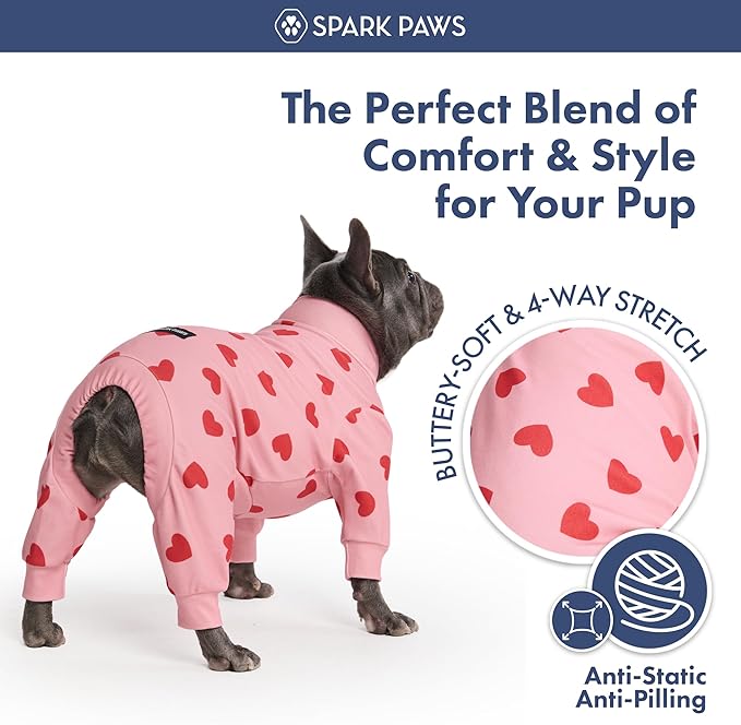 Spark Paws Dog Pajama, Dog Recovery Suit Male, Onesie, Ultra-Soft and 4-Way Stretch, for Small Medium and Large Breeds - Pink Hearts - M