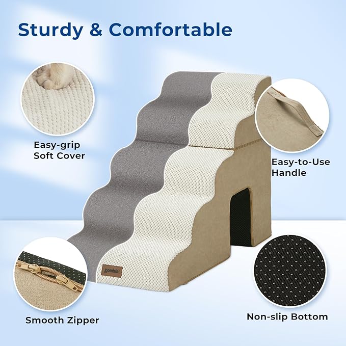 ZOMISIA Dog Ramp for Large Dogs - 24" H 5 Steps Pet Stairs for High Bed with Tunnel 2 in 1 with Zippers Suitable, Indoor Cat Ladders with Non-Slip Bottom, Beige