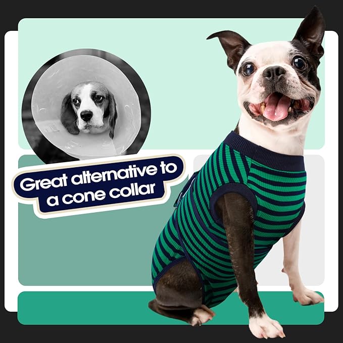 FUAMEY Recovery Suit for Dogs After Surgery,Soft Breathable Dog Bodysuit E-Collar & Cone Alternative Surgical Suit,Male Female Dog Neuter Spay Suits Anti Licking Wounds Onesie Green Black Stripes L