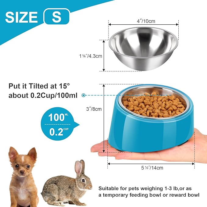 Tilted Dog Bowl Non-Slip & Non-Spill Pet Feeder with Elevated Detachable Melamine Stand, Easy to Get Food Dog Dish, S/100ml Blue