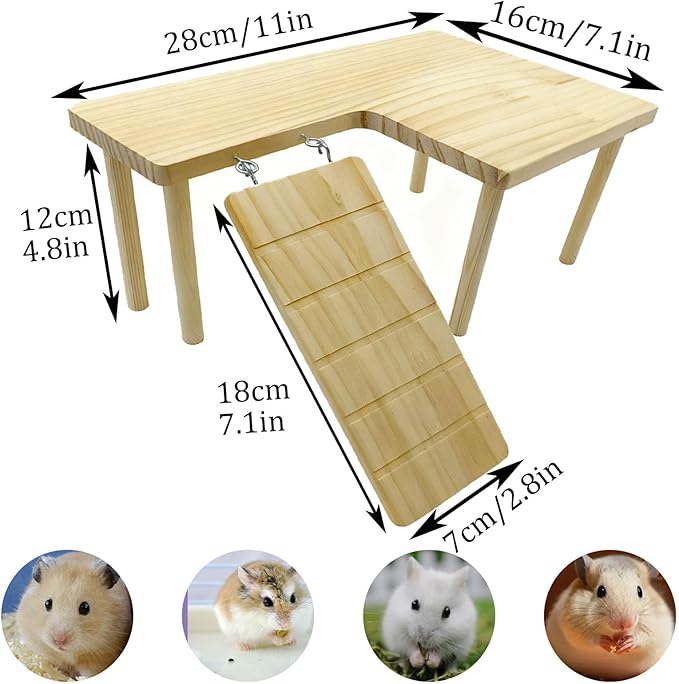 Wooden Hamster Platform with Ladder Rat Climbing Activity Playground Platform Cage Accessories Decor for Dwarf Syrian Hamster Gerbil Rat Mice (Left)