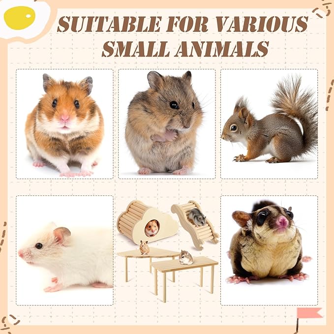 BreezeHug 4 Pcs Hamster Platform Hideout Wooden Tunnel Ladder Playhouse Hamster Game Climbing Toy with Platform Cage Accessories for Small Pets Dwarf Syrian Mice Degus Gerbils Squirrel(Cloud)