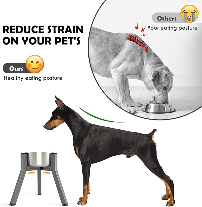 SHAINFUN Grey Elevated Dog Bowls Stand for Large Medium Breeds, 11" Height Adjustable Width 7-10.7", Single Tall Feeder Holder (Bowl Not Included)