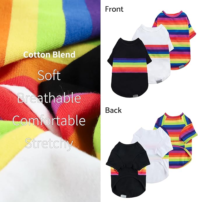 Fitwarm 3 Pack Rainbow Striped Dog Shirt, Dog Summer Clothes for Small Dogs Boy Girl, Breathable Lightweight Pet Tshirt with Sleeves, Cat Outfit, White, Black, Multicolored, XXL