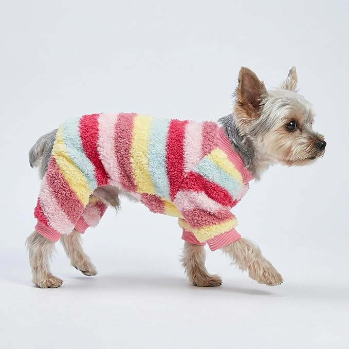 Fitwarm Fuzzy Striped Dog Fleece Pajamas, Warm Winter Clothes for Small Dogs Girl, Cozy Pet Outfit with Feet, Pink, Red, Yellow, XL