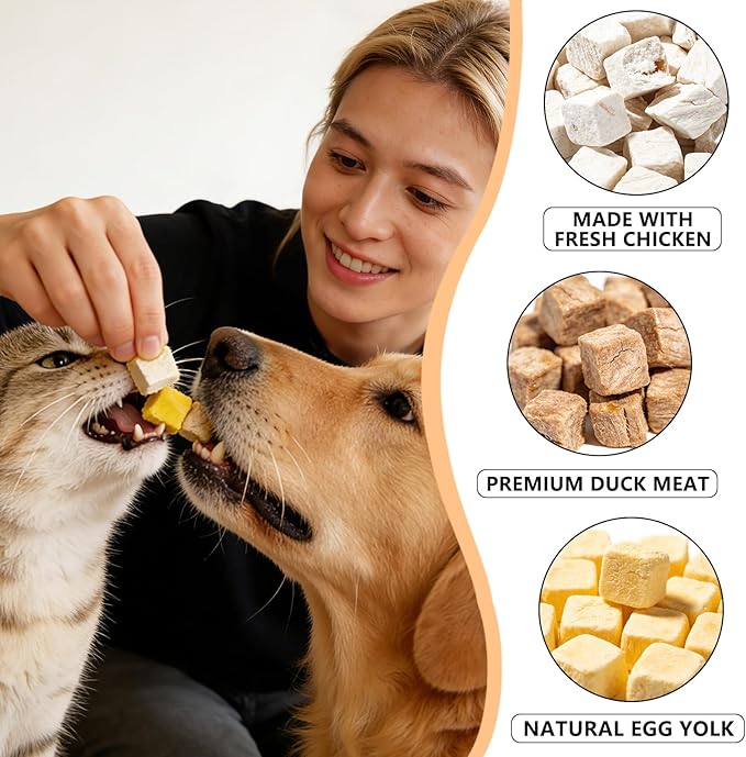 Freeze Dried Chicken Duck & Egg Recipe for Dogs & Cats Treats | 4 oz Canister Freeze Dried Dog Treats | Training Treats for Dogs, Puppies, Kittens & Senior Pets (4 oz)