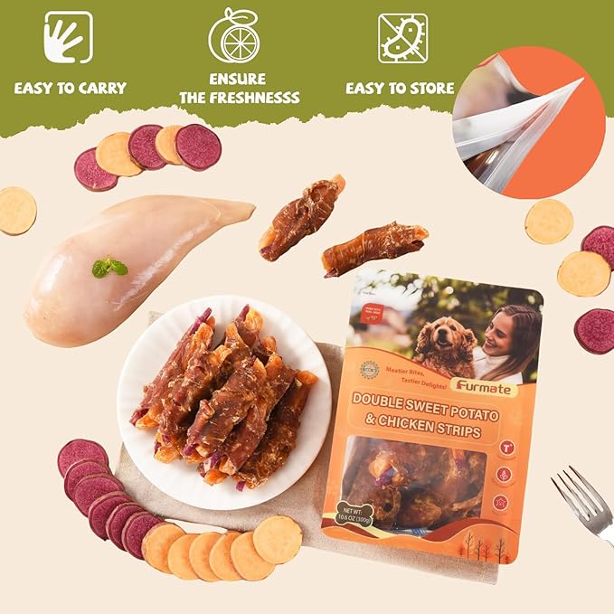 Chicken Jerky Wrapped Double Sweet Potato Dog Treats,Low Fat & Rawhide-Free & High Protein Dog Snacks,Orange & Purple Sweet Potato Soft Chews w/1% Taurine for Small Medium Large Dogs,10.58oz