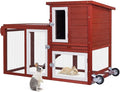 Rabbit Hutch Indoor Outdoor Bunny Cage, Weather Resistant Openable Roof, Slide Out Tray, Handle & Rolling Wheels, Chicken Coop, 48.05" L x 26.02" W x 34.3" H, Red