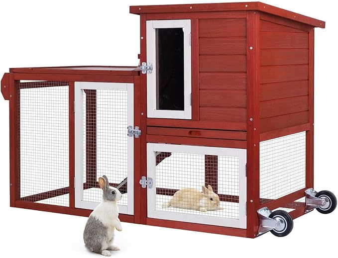 Rabbit Hutch Indoor Outdoor Bunny Cage, Weather Resistant Openable Roof, Slide Out Tray, Handle & Rolling Wheels, Chicken Coop, 48.05" L x 26.02" W x 34.3" H, Red