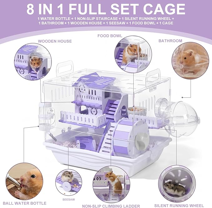 Loungewave Acrylic Hamster Cage, 2-Tier Gerbil Cage with Wooden Wheel, Small Dwarf Hamster Cage Habitat, Garden Mouse Cage for Pet Mice, Clear View Inside Easy to Clean, Purple