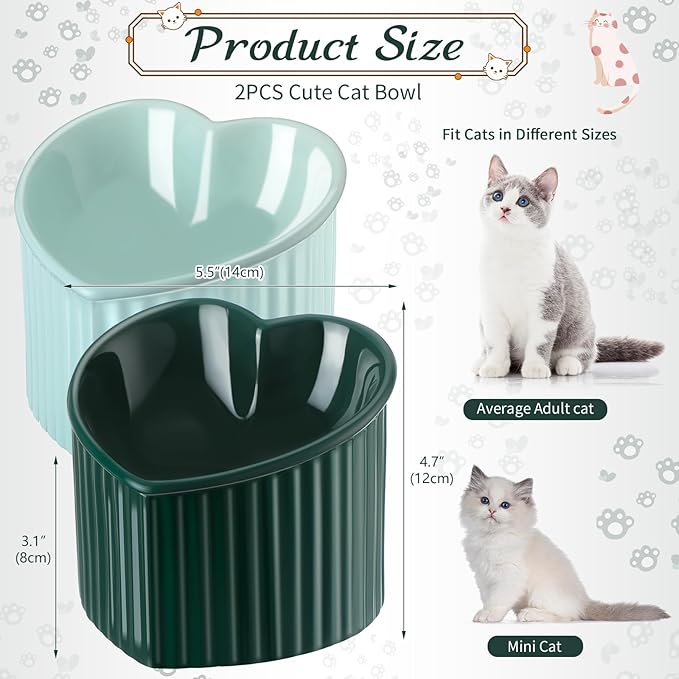 Mumufy 2 Pcs Ceramic Elevated Cat Bowls Tilted Elevated Raised Pet Bowls Anti Vomit Cat Dish for Indoor Stress Free Water Dish Feeder for Puppies, Heart Shaped(Macaron Blue, Peacock Green)