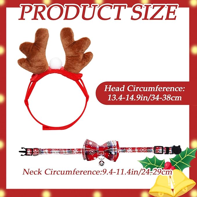 Cat Christmas Costume Reindeer Headband and Collar for Small Cat Dog Christmas Halloween Party Cosplay Supplies (White Christmas)