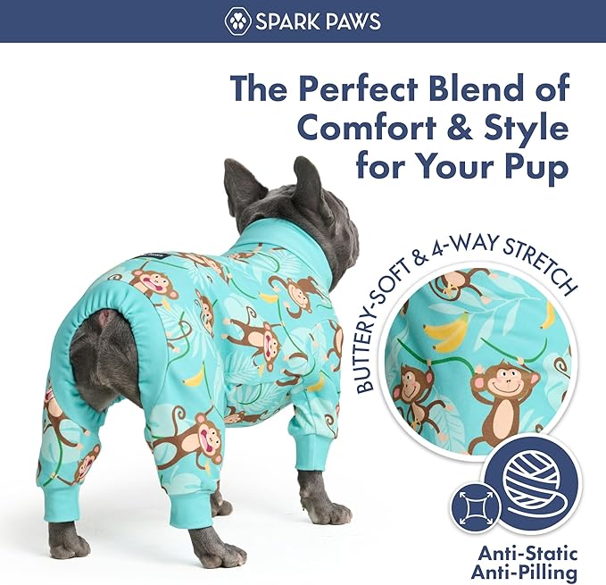 Spark Paws Dog Pajama, Dog Recovery Suit Male, Onesie, Ultra-Soft and 4-Way Stretch, for Small Medium and Large Breeds - Monkey Business - 5XL