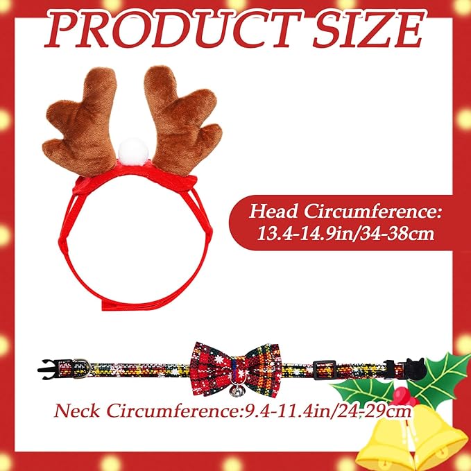 Cat Christmas Costume Reindeer Headband and Collar for Small Cat Dog Christmas Halloween Party Cosplay Supplies (Red Christmas)
