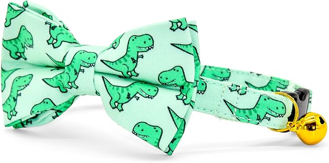 Cat Bow Collar, Green Dinosaur Pattern, Quick Release Safety Buckle, (8" - 13")