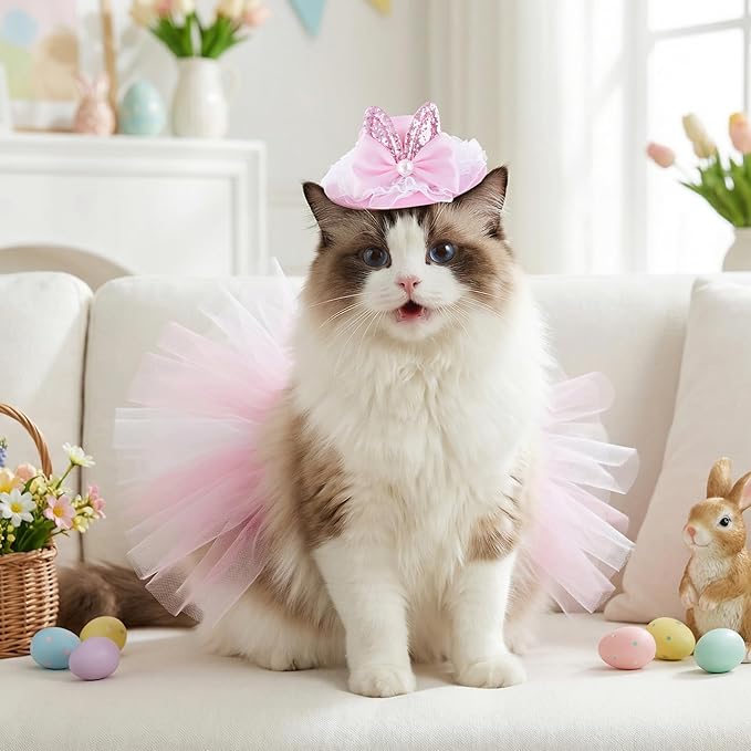 2 Pcs Easter Costume Set for Pet Rabbit Ear Hat Puppy Tutu Skirt for Small Dog Cat Party Dress Accessories Supplies