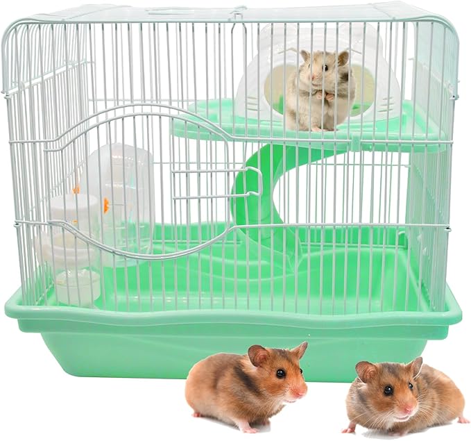 2-Tier Portable Hamster Cage and Habitats,Travel Metal Mouse Cages with Free Water Bottle,Houses and Exercise Wheel for Any Breed of Hamster and Small Animal (14.6x11.0x11.8inch Green)
