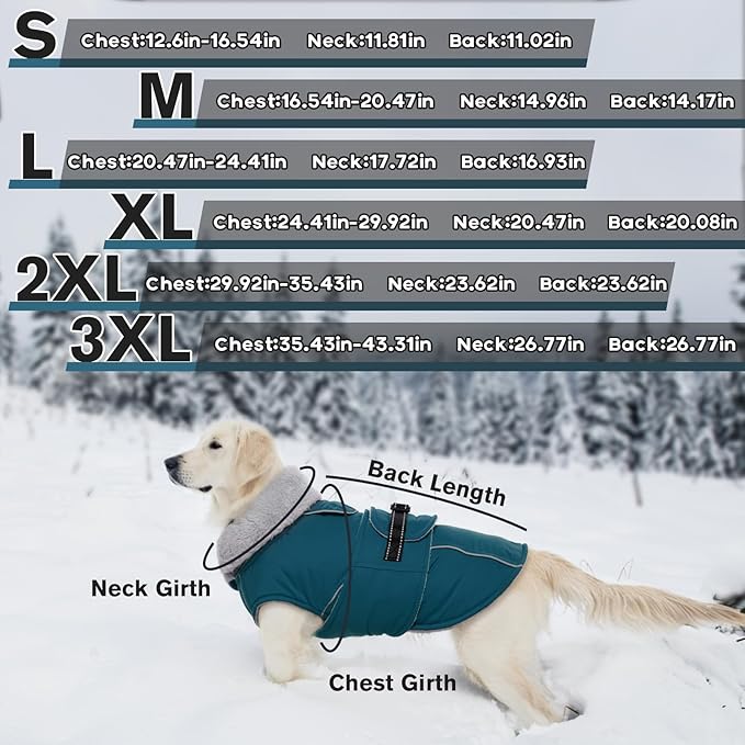 Lelepet Warm Dog Coats for Extra Large Dogs Waterproof Dog Winter Jacket Reflective Pet Fleece Vest Windproof Cold Weather Coats with Adjustable Buckle & Leash Hole, Dark Green, XXXL