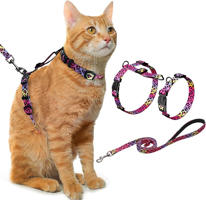 Hikiko Cat Harness and Leash Set Escape Proof Adjustable Walking Travel Soft Kitten Harness for Small Medium Large Cats (Gradient Leopard, M)