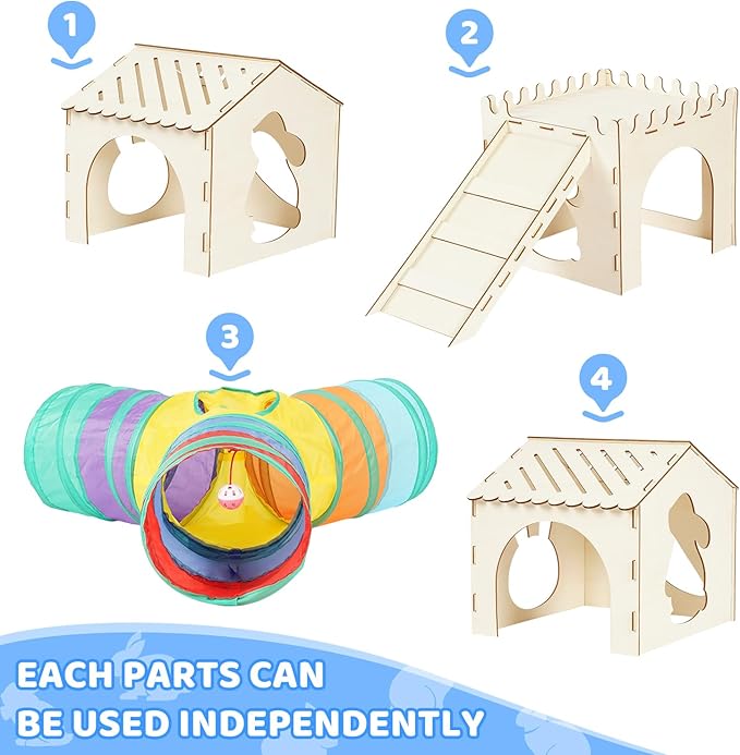 Extra Large Sturdy Rabbit Hideout with 3 Way Tunnels, Wooden Bunny Castle with Stairs, Rabbit Hideout Castle Tower Toys for Indoor Outdoor Play