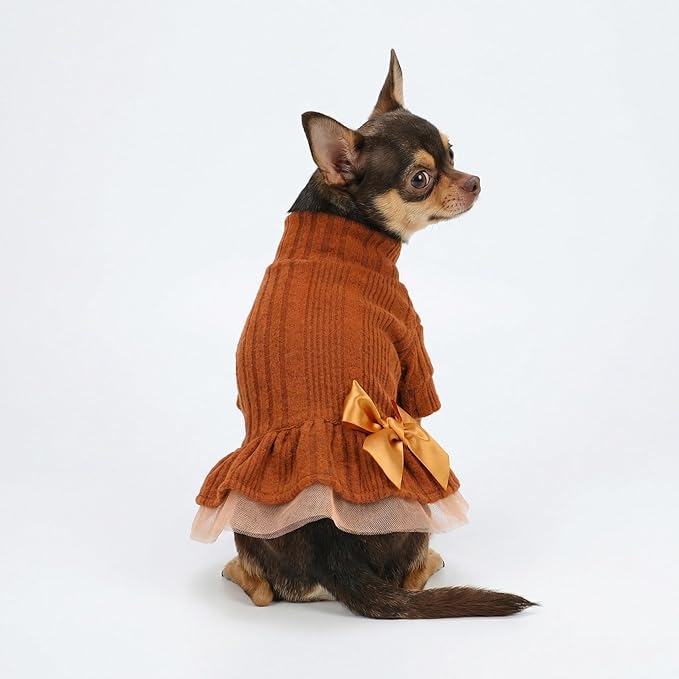 Fitwarm Knitted Dog Tulle Sweater Dress, Dog Winter Clothes for Small Dogs Girl, Cat Apparel, Orange, XS