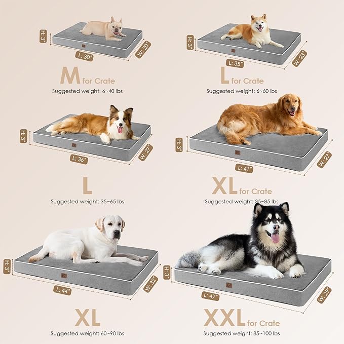 EHEYCIGA Waterproof Dog Bed Memory Foam 44x32, Orthopedic Dog Beds Mat for Extra Large Dogs with Removable Cover, Grey
