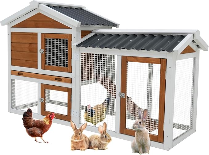 Outdoor Wooden Rabbit Hutch with Waterproof PVC Roof - Includes Staircase, Easy-Clean Tray, Secure Fence Design, Superior Ventilation, and Triple Lockable Access Doors（41314）