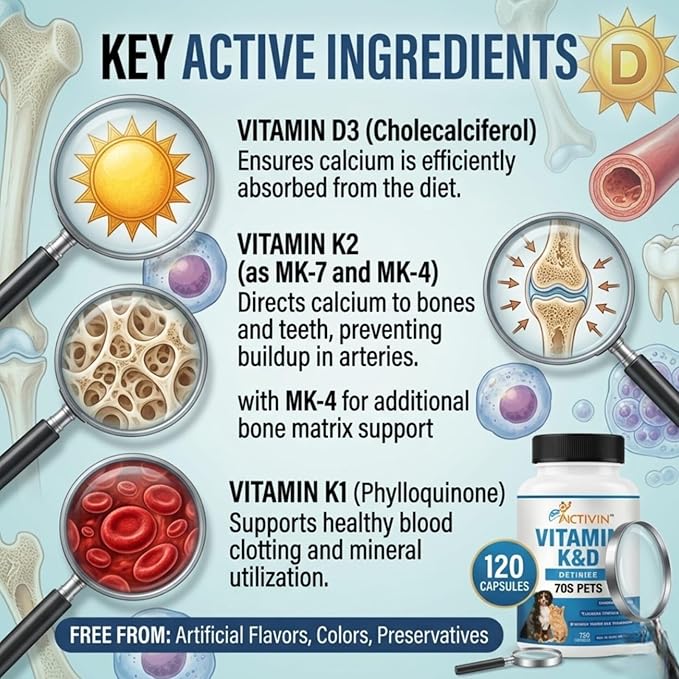Vitamins K and D Complex K1 & K2 (MK4 & MK7) + Vitamin D3, Help Maintain Strong Bones | Promote Healthy Heart | Boost Immune System | Support Muscle Function for Pets |120 Capsules.