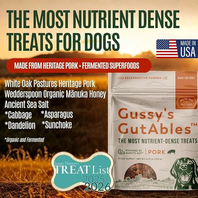 GUSSY'S GUT GutAbles- Award Winning White Oak Pastures Pork & Fermented Prebiotic Treat for Dog Gut & Digestive Health- Human Grade Ingredients – Gussy’s Delight Phase
