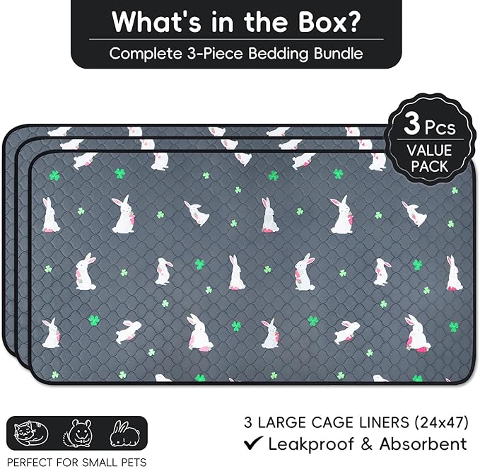 3 Pack Guinea Pig Cage Liners, Washable Guinea Pig Pee Pads Waterproof Reusable & Anti Slip Guinea Pig Bedding Fast and Super Absorbent Pee Pad Tarp Bottom for Small Animals (Rabbit Pattern 24" X 47")