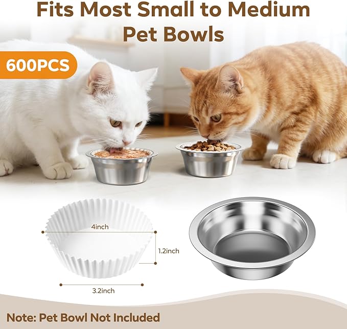 Disposable 600 Pcs Pet Food Bowl Liners Bulk, Small Paper Dish Liner for Small Cats Dogs, Round Feeding Station Inserts for Dry and Wet Food, Leak-Resistant Meal Mats, White, 4 x 1.2 Inch