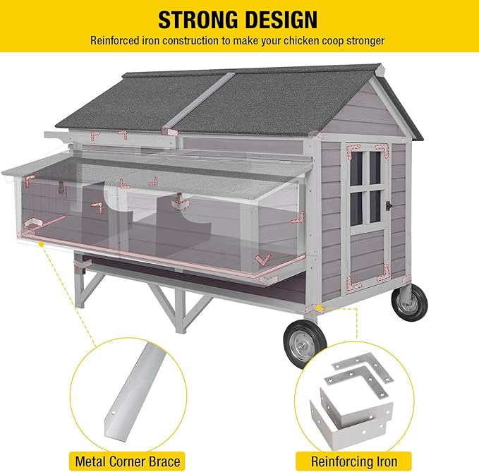 Mobile Chicken Coop with Wheels, Large 16.4ft² Chicken House for 6-8 Chickens, Weatherproof Chicken Tractor, with Nesting Boxes & Foldable Ramp, Easy Clean with Pull-Out Metal Trays