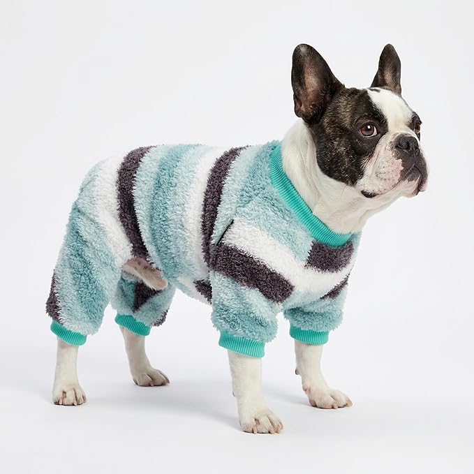 Fitwarm Fuzzy Striped Dog Fleece Pajamas, Warm Winter Clothes for Small Dogs Boy Girl, Cozy Pet Onesie with Feet, Light Sea Green, Black, White, XL