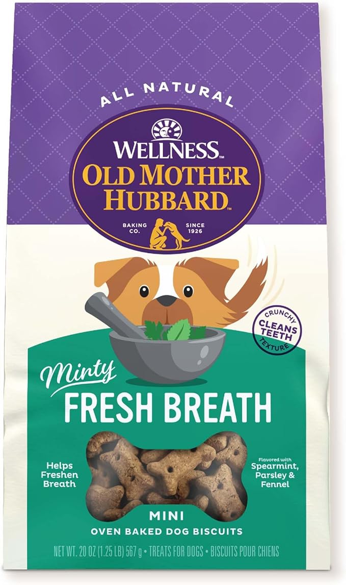 Old Mother Hubbard Wellness Minty Fresh Breath Dog Biscuits, Natural, Training Treats, Spearmint, Parsley, Oats, & Chicken Flavor, Mini Size, (20 Ounce Bag)