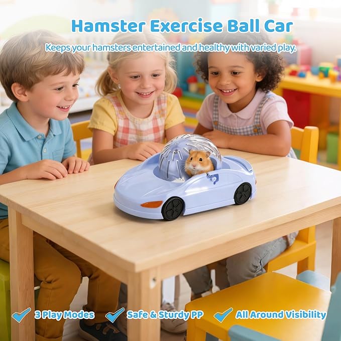Hamster Exercise Ball Sports Car, Hamster Car with Detachable Transparent Ball, 3 Modes Funny Exercise Wheel, Small Exercise Ball for Dwarf Small Pet (Blue)