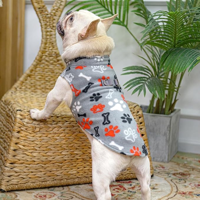 BEAUTYZOO Small Dog Sweater Fleece Vest Winter Jacket, D-Ring Leash Attachment for XS S Puppy Medium Sized Breeds Dogs, Cold Weather Dog Clothes Windproof Keep Warm, Grey Bones Paw L