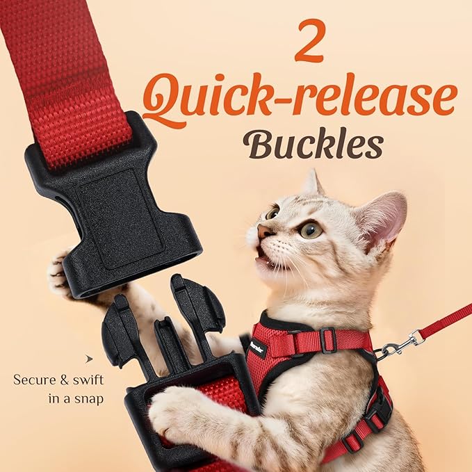 Dooradar Cat Harness and Leash Set, Escape Proof Safe Adjustable Kitten Vest Harnesses for Walking, Easy Control Soft Breathable Mesh Jacket with Reflective Strips for Cats, Red, XS