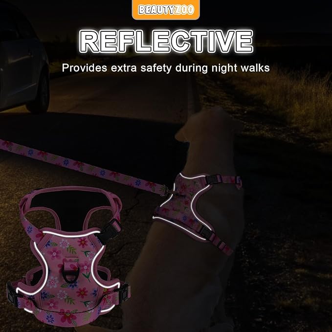 BEAUTYZOO No Pull Dog Harness and Leash Set with 2 Metal Leash Clips - Overhead-Free 3 Snap Buckles Design, Adjustable No-Choke Soft Padded Reflective Oxford Pet Vest for Small Medium Large Dogs, L