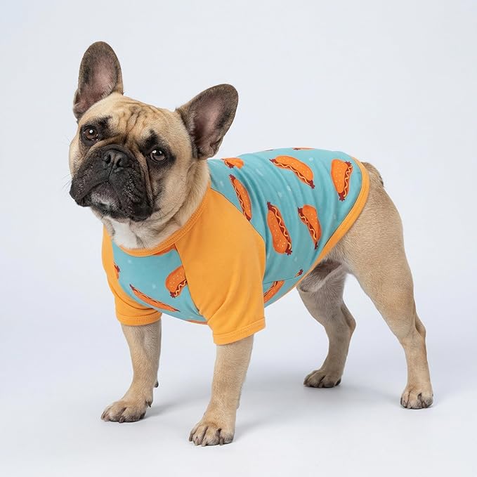 Fitwarm 2 Pack Hot Dogs & French Fries Dog Shirt, Funny Summer Clothes for Small Dogs Boy Girl, Cozy Pet Outfit, Beige, Blue, XS