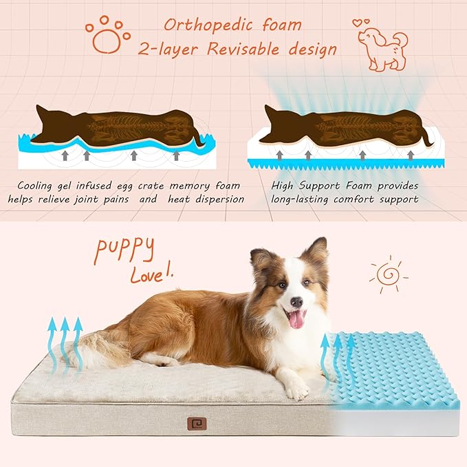 EHEYCIGA Waterproof Dog Bed Memory Foam 41x27, Orthopedic Dog Beds Mat for Extra Large Dogs with Removable Cover, Beige