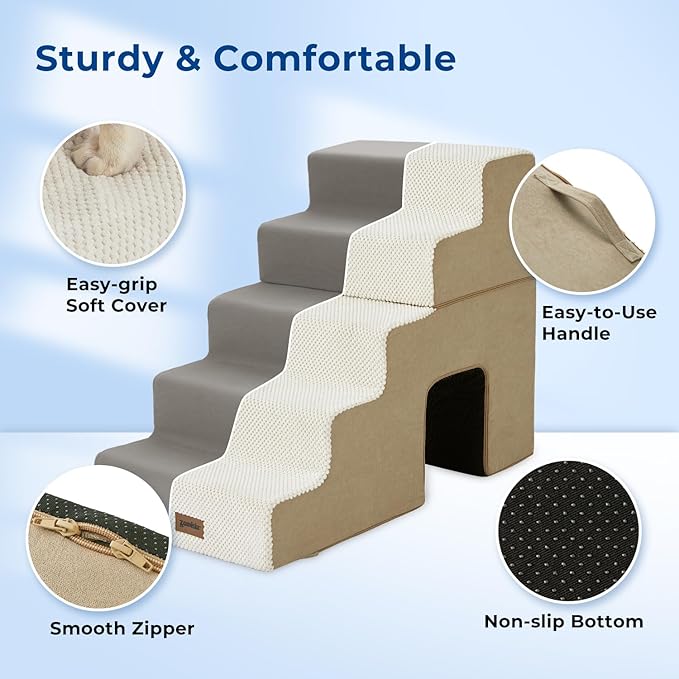 ZOMISIA Dog Steps for High Beds - 5 Step 24" H Pet Stairs with Tunnel 2 in 1 with Zippers Suitable for Small Dogs and Cats, Indoor Cat Ladders with Non-Slip Bottom, Beige