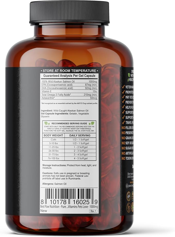 Wild Alaskan Salmon Oil for Dogs and Cats | Omega 3 Fish Oil Soft Gel Capsules | Skin and Coat, Joint and Heart Support | 1000mg EPA DHA | 120 Count
